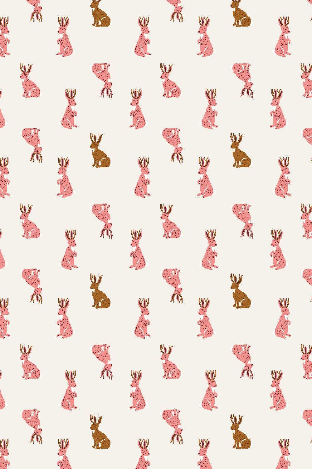 Whimsy And Lore Jack-A-Lope By Vincent Desjardins For RJR Fabrics Ecru / Pink